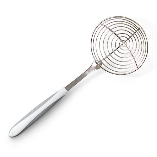 Unique strainer spoon for blanching and draining.